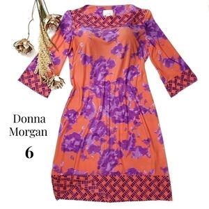 Donna Morgan Orange Coral Purple Floral Bateau Neck Dress Size 6